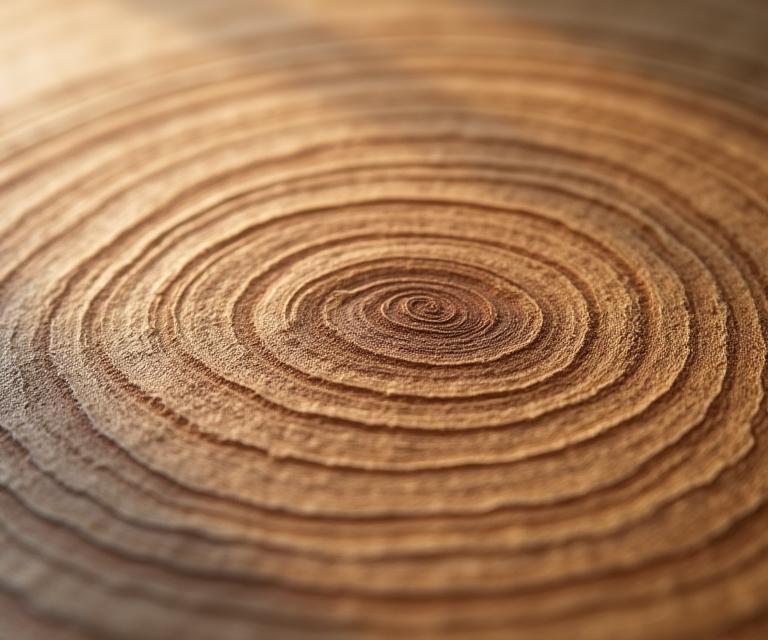 Nærbilde av årringene på et stykke sertifisert eiketre.