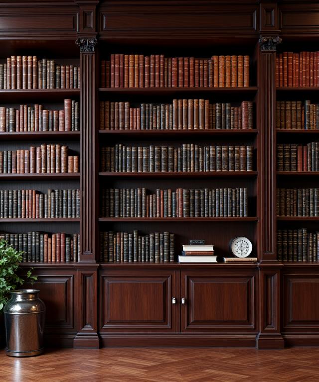 En staselig bokhylle i mørkt tre fylt med bøker.