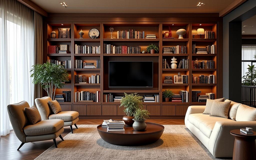 En stue med en stor, skreddersydd bokhylle fylt med bøker og pyntegjenstander.