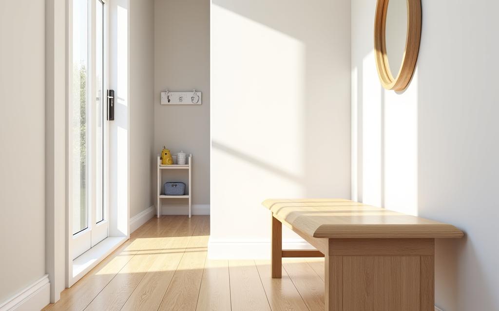 En lys gang med en praktisk og elegant benk i eik.