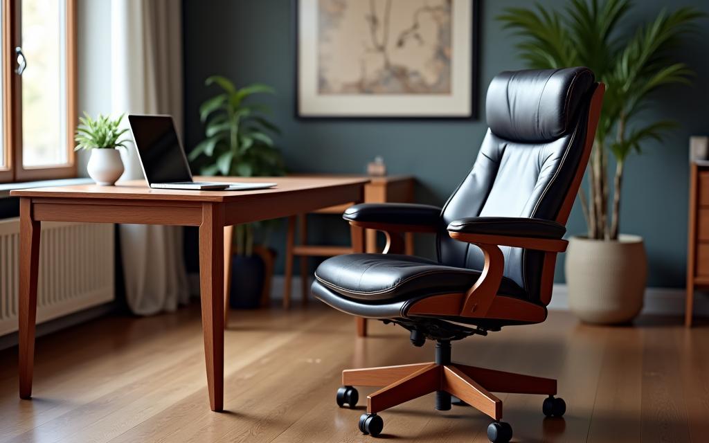 Et hjemmekontor med en komfortabel og elegant kontorstol i tre og skinn.