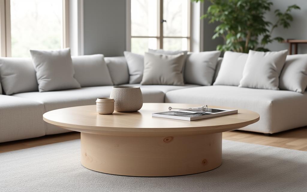 En moderne stue med et elegant salongbord i lys bjørk.