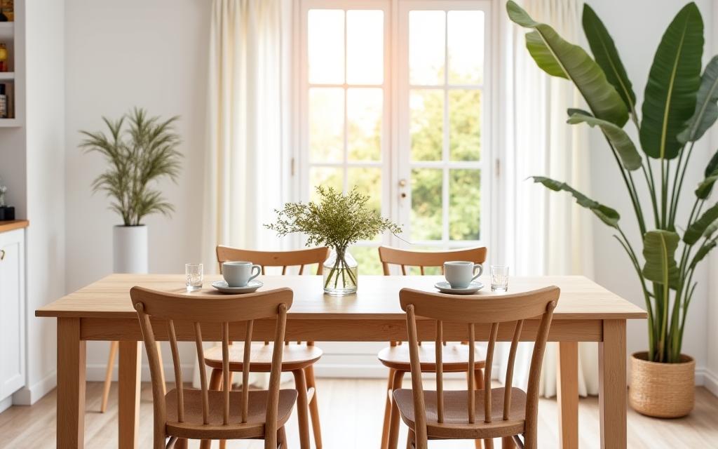 En lys og innbydende spisestue med et spisebord og stoler i tre.