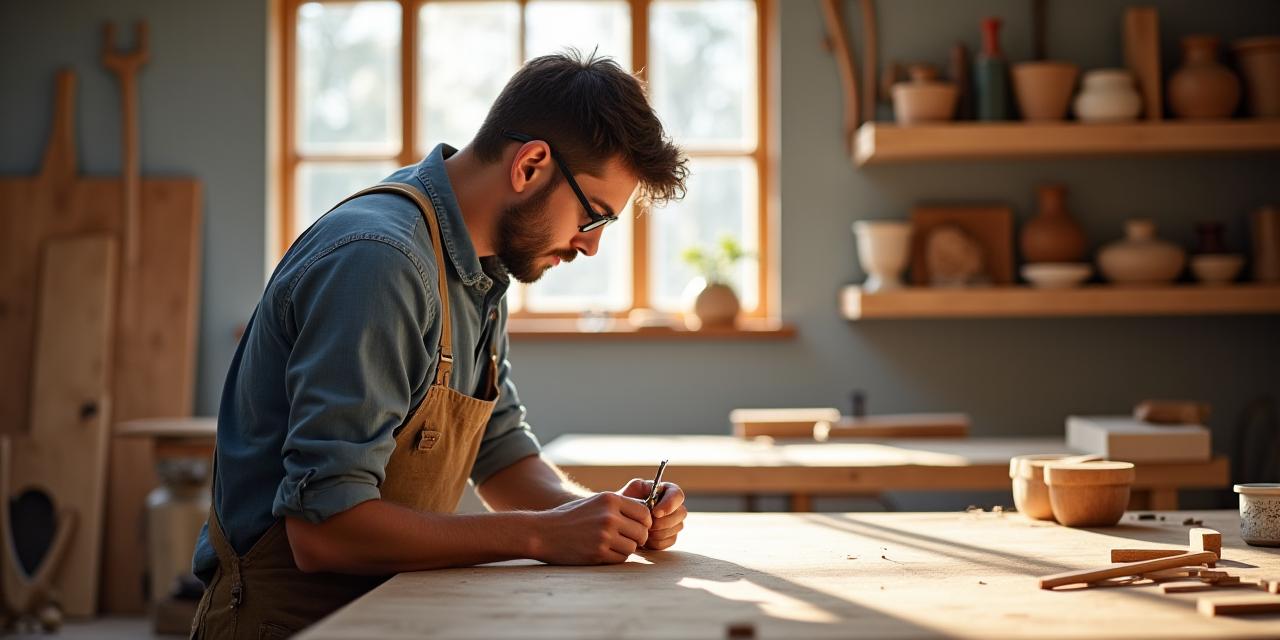 En møbelsnekker som jobber konsentrert i et lyst og ryddig verksted.